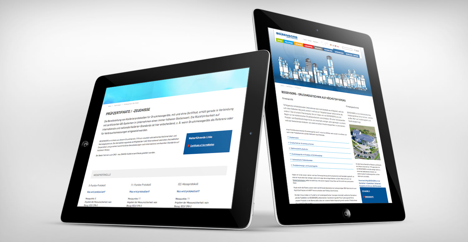 2 aufgestellte IPads mit geöffneter BD Sensors Webseite