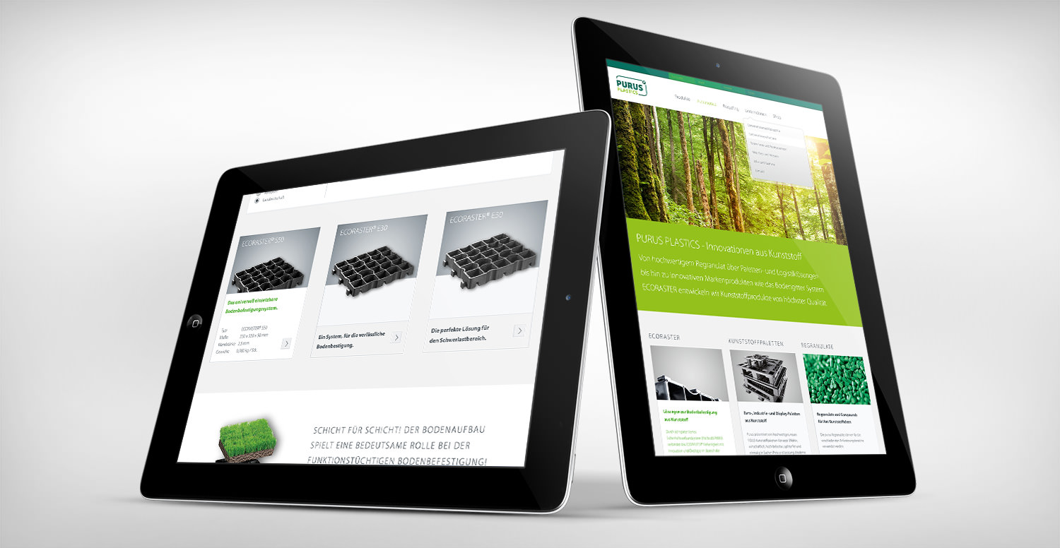 2 gegeneinander aufgestellte IPads mit geöffneten PURUS PLASTICS Webseiten.
